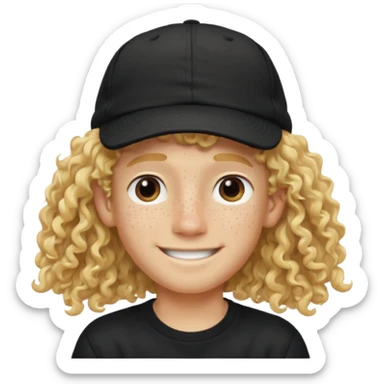blonde boy with long curly hair past his hears and a LA hat, smiling, wearing a black shirt with freckles sticker