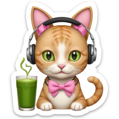 A cat wearing headphones with a glass of matcha, a pink bow on his ear sticker