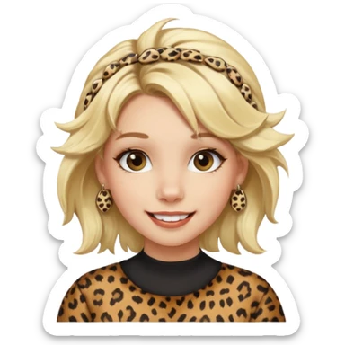 Une fille blonde et joyeuse. Elle porte une coiffure rock et originale avec 3 pinces pour cheveux  léopard et motif peau de vache. sticker