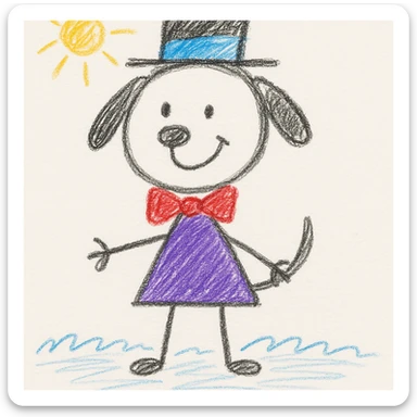 a dog with a top hat and bow tie, playful illustration, hand drawn children's illustration style sticker