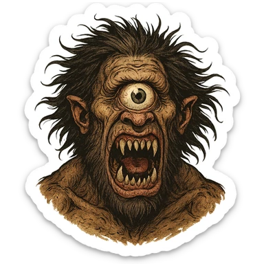 Cyclops, monstrous, sharp teeth, wild hair, one eye sticker