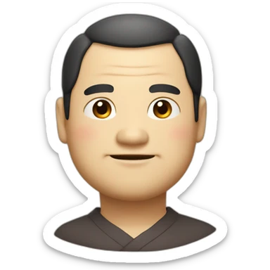 Japanese uncle with a fat round face, slightly droopy eyes and eyebrows, thick lips, large head, dark brown hair, smiling with a pencil sticker