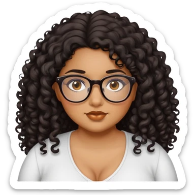 girl, caramel skin, plus size, brown eyes, black long curly hair, glasses sticker