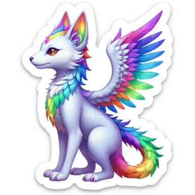Kawaii neon colorful with divine celestial feather-wing-ears rainbow iridescent fantasy ethereal feline-vernid-sergal-fursona animal creature with a tufted tail full body with intricate markings sticker