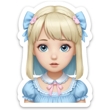 girl , who has straight hair blonde and baby bule swirled hair with bangs , grey eyes , and doll like makeup , in a light pink lolita hime gyaru dress  sticker