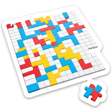 A photorealistic icon with a colorful, fragmented puzzle piece, a crossword magazine, a 3D puzzle, and a partially completed puzzle on a table. Bright, detailed design with realistic lighting. Transparent background, clearly symbolizing puzzles and brain games. sticker