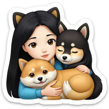 A beautiful girl with long black hair hugs a Shiba Lnu sticker