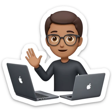A dark-colored laptop with the screen open. From the screen, a person is emerging, giving a lecture or teaching. The person should look expressive and in a teaching pose. Soft shadows, semi-3D emoji style, clean background. sticker