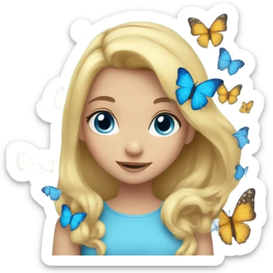 Girl with blonde hair blue eyes butterflies and holding a blue heart sticker