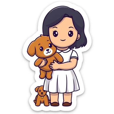 beautiful girl with long straight black hair wearing a white skirt holding a small brown curly teddy dog sticker