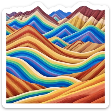 Rainbow Mountains Zhangye Danxia colorful striped hills, simplified emoji style with bold outlines and bright colors, cartoon style multicolored mountain ridges sticker
