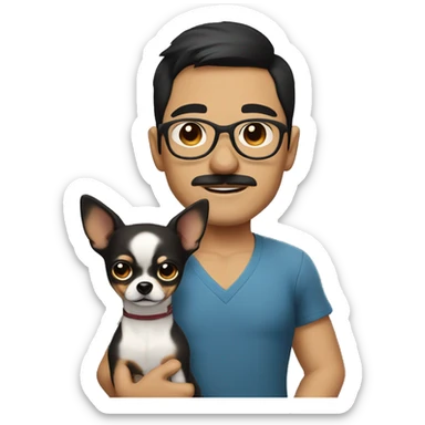 dark hair dark eye man with short mustache wearing glasses holding chihuahua sticker