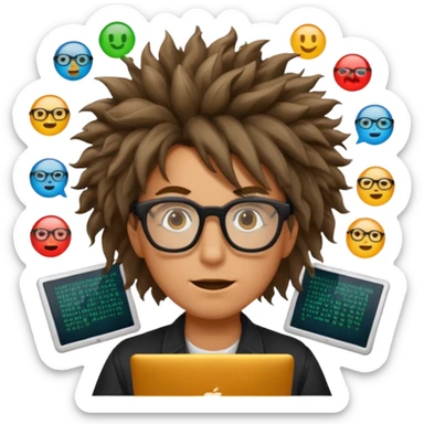 crazy programmer with wild hair, glasses, surrounded by code symbols, emoji style sticker