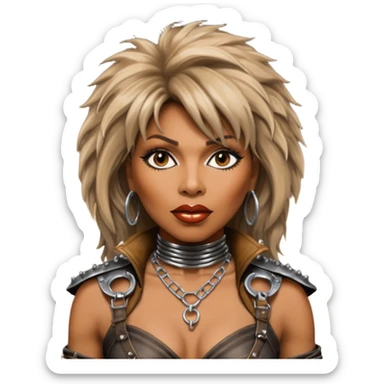 solarpunk ultra HD - portrait of Tina Turner in costume from the movie Mad Max Beyond Thunderdome, dramatic backlit by silver spotlights sticker