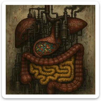 medical horror illustration of a human digestive system as a factory, stomach filled with colorful microplastic shards, liver with clogged pipes overwhelmed by pesticide filters, intestines paved with yellow preservative sludge, unsettling clinical details, disturbing atmosphere sticker