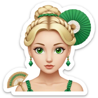 lady with Pale complexion, sharp features, high cheekbones, Blonde hair, usually styled in braided updo, green eyes accessorized with a decorative fan sticker
