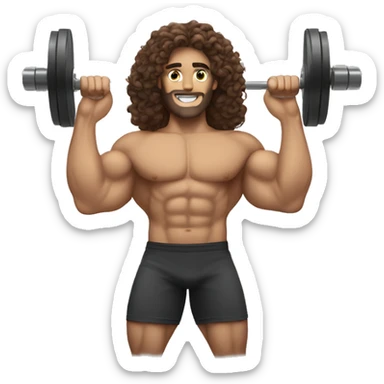 Muscular White guy with long curly brown hair doing a power lift sticker