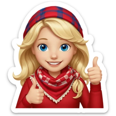Blonde Girl, Blue Eyes, wavy hair, smiling, thumbs up, wearing red Checkered Triangle scarf sticker