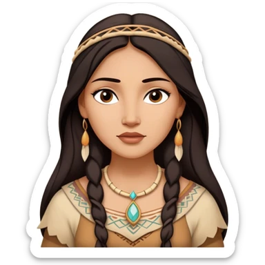 Cinematic Timeless Pocahontas Portrait Emoji, rendered in a realistic, vector style. Depict Pocahontas with warm, glowing skin, naturally flowing dark hair, and a serene, gentle expression, wearing traditional garments in muted earth tones. The design features bold, clean proportions, a soft, inviting glow, and a subtle glowing outline that captures her enduring natural beauty. sticker