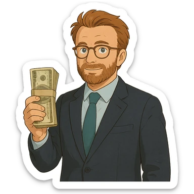 ghibli style Nikolai Astrup, Norwegian politician, holding a pack of money in his hand sticker