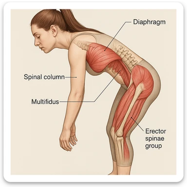 Anatomical illustration of the girl in this position focusing on the diaphragm, spinal column, and postural muscles in a medical style. sticker
