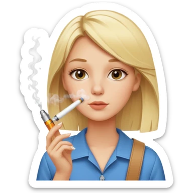 Blonde girl smoking a small square disposable vape sticker