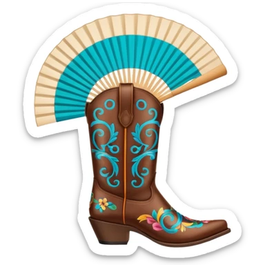 Cowboy boots in front of an open hand held fan sticker