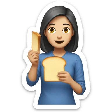 “A medium-length haired Asian woman holding a piece of toast with an egg on it in her mouth.” sticker
