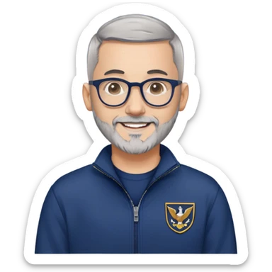 Man with light skin, extremely short black hair (military buzz cut), short peppered gray beard, large black-framed glasses, smiling face, navy blue zip-front sweatshirt with long sleeves sticker