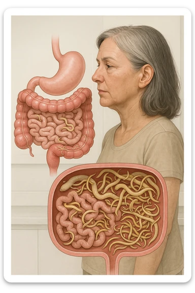 Donna in menopausa con intestino ricco di parassiti intestinali. Immagini realistiche sticker