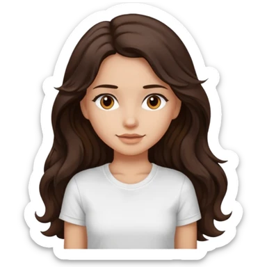 iOS style emoji. A girl with very long dark brown wavy hair. And the eyes color is dark brown. And she is wearing white t shirt  sticker