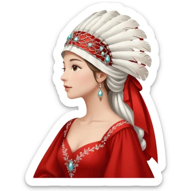 mujer de perfil con un vestido rojo de manga y falsas largas y voluptosas, y una toca blanca GRANDE que no se le ve la cara porque la toca la cubre sticker