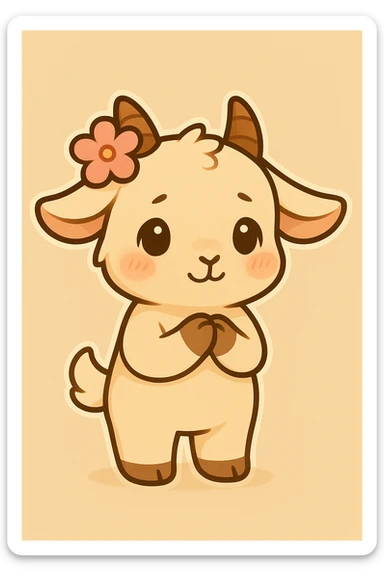 Add a little pink flower in front of one horn of the chibi goat. Make the chibi goat look up at the viewer with shy eyes, keeping the bashful and shy pose, slight blush, hands together in front, both legs on the ground. Keep a simple background. sticker