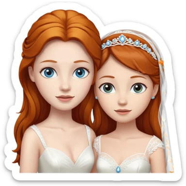 A ginger woman with blue eyes, marrying a taller woman with dark brown hair and hazel eyes, both in wedding dresses. sticker