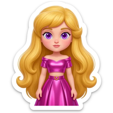 Sleeping Beauty from Disney Princess with violet eyes, long blonde hair, hot pink metallic off shoulder crop top, pink obi belt, hot pink metallic long skirt sticker