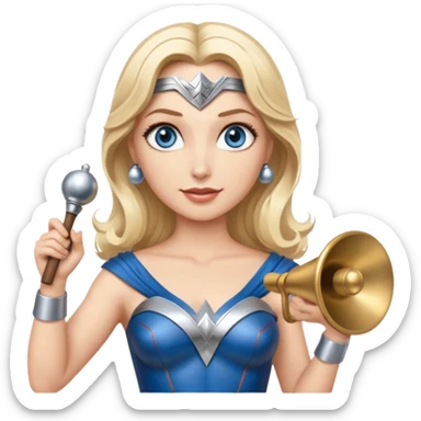 Blonde blue eyes Wonder Woman holding bell and short white orchestra conductor’s baton  sticker