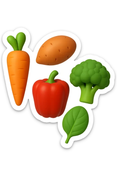 emoji 3d stile iphone di cinque cibi vegetali, vitamina A e glutammina che fluttuano in aria 3d sticker