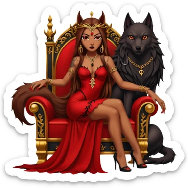 Caramel skin toned Lilith symbol seductress evil brown straight long hair haired, sexy succubus woman with red and black Chanel dress sitting on a Black and gold throne. A large black wolf laying beside her. Tattoos all down her arms sticker