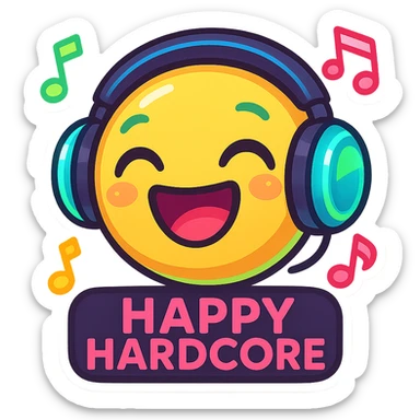 vibrant energetic emoji representing happy hardcore music with neon colors smiley face rave elements sticker
