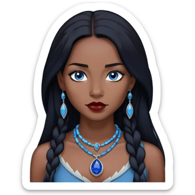 woman katara native american blue eyes dark skin freckles dark black long hair reddish lipstick necklace with sapphire pendant sticker