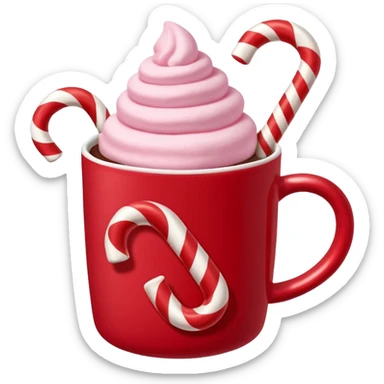 hot chocolete with pastel pink marshmallows in red christmas mug and candy cane, trendy aesthetic sticker