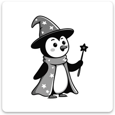 cute penguin wearing a wizard hat and robe, holding a magic wand sticker