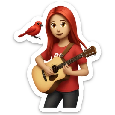 Girl red colored medium long hair with a red shirt playing guitar and she has a bird on her shoulder sticker