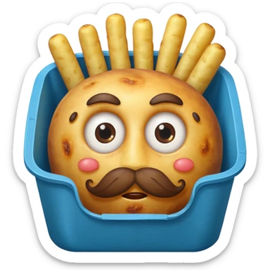 long fried potatoes in a blue carton, carton has eyes and mustache sticker