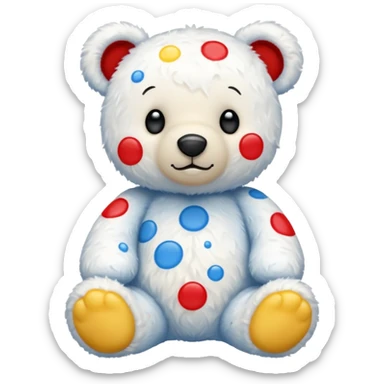 White teddy bear covered with blue, red and yellow spots sticker