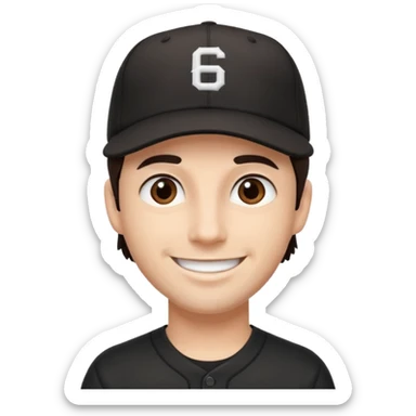 male, dark brown hair, dark brown eyes, fair skin, black baseball hat sticker