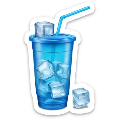 Realistic plastic cup and lid with blue soda and large ice cubes inside and straw through the top of the lid. sticker