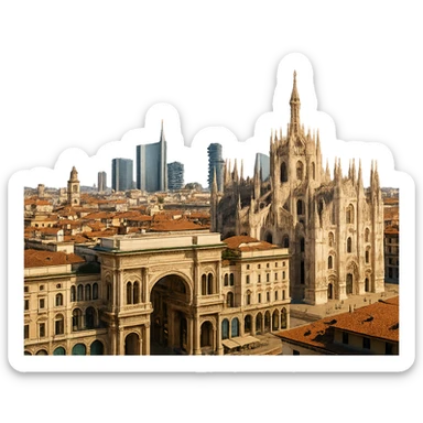 cinematic, realistic emoji of Milan, wide city view with iconic landmarks including Milan Cathedral (Duomo di Milano), Galleria Vittorio Emanuele II, modern Porta Nuova skyline, lifelike detail, accurate colors, bright daytime lighting, no sky, no clouds, fully transparent background sticker