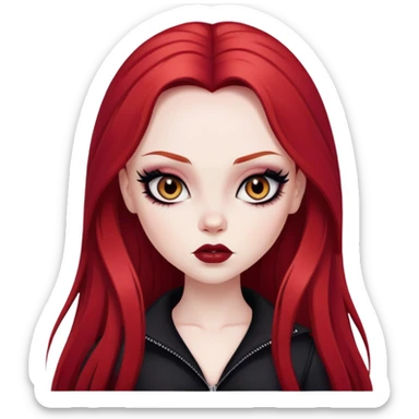 goth red long hair, pale skin,  brown iris, pretty bratz baddie, strong black eyeliner sticker