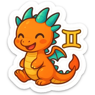 a cute dragon with Gemini twins symbol, vibrant emoji style, colorful, adorable sticker